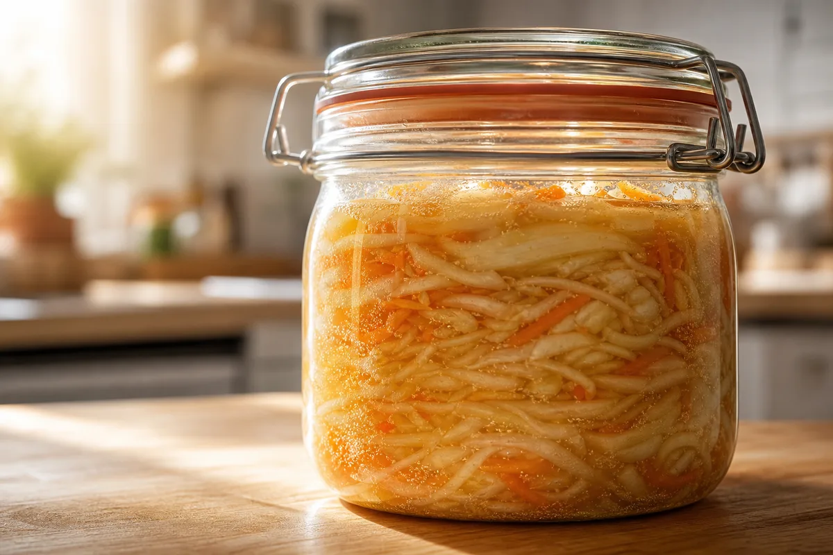 Bocal en verre de légumes en lacto-fermentation posé sur un plan de travail en bois
