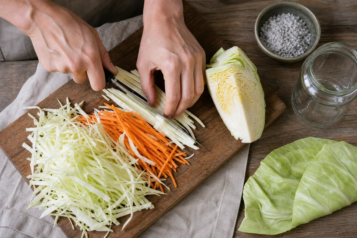 Mains coupant des légumes crus à côté de bocaux en verre et d&rsquo;un bol de gros sel