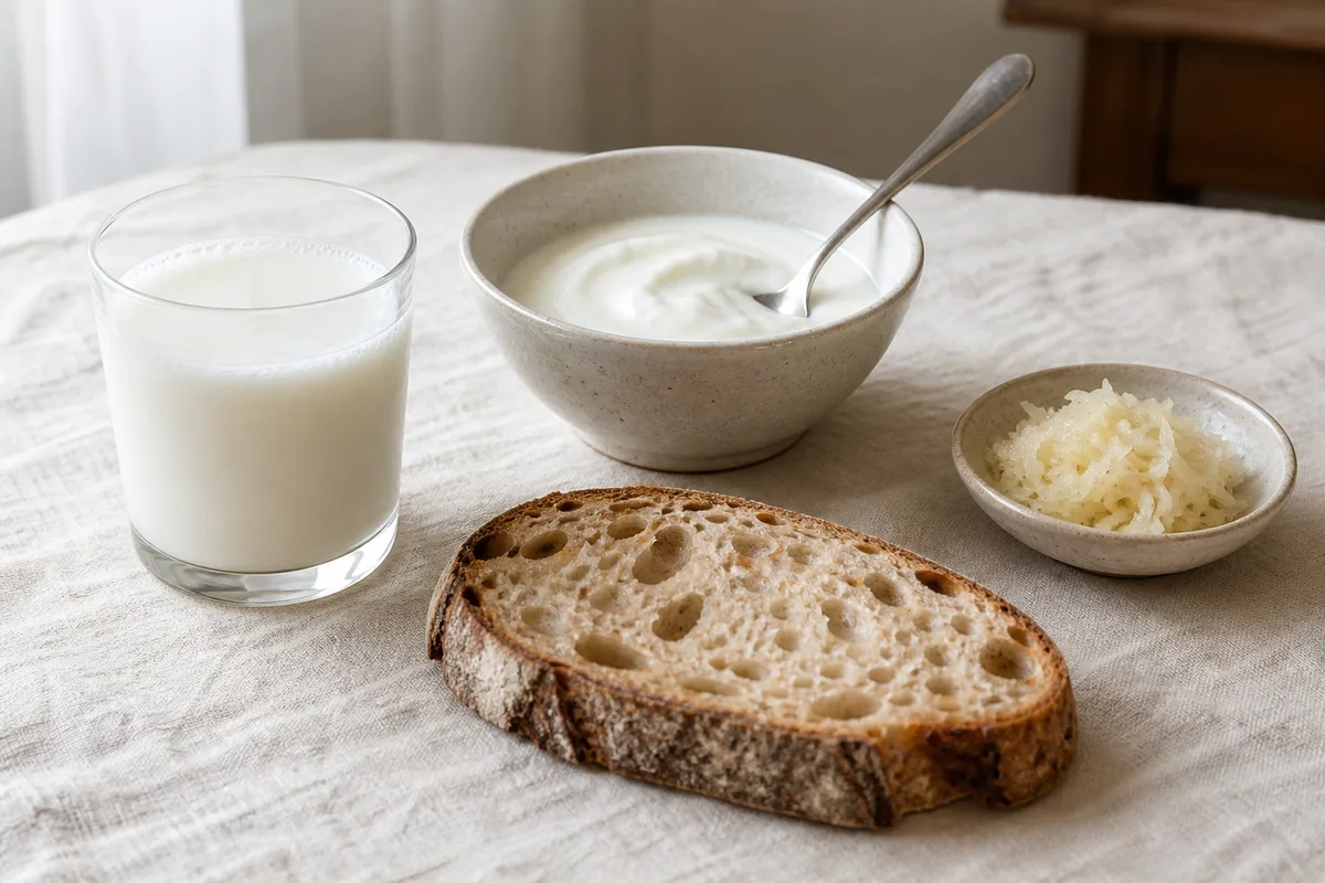 Verre de kéfir, bol de yaourt nature et tranche de pain au levain sur une table claire