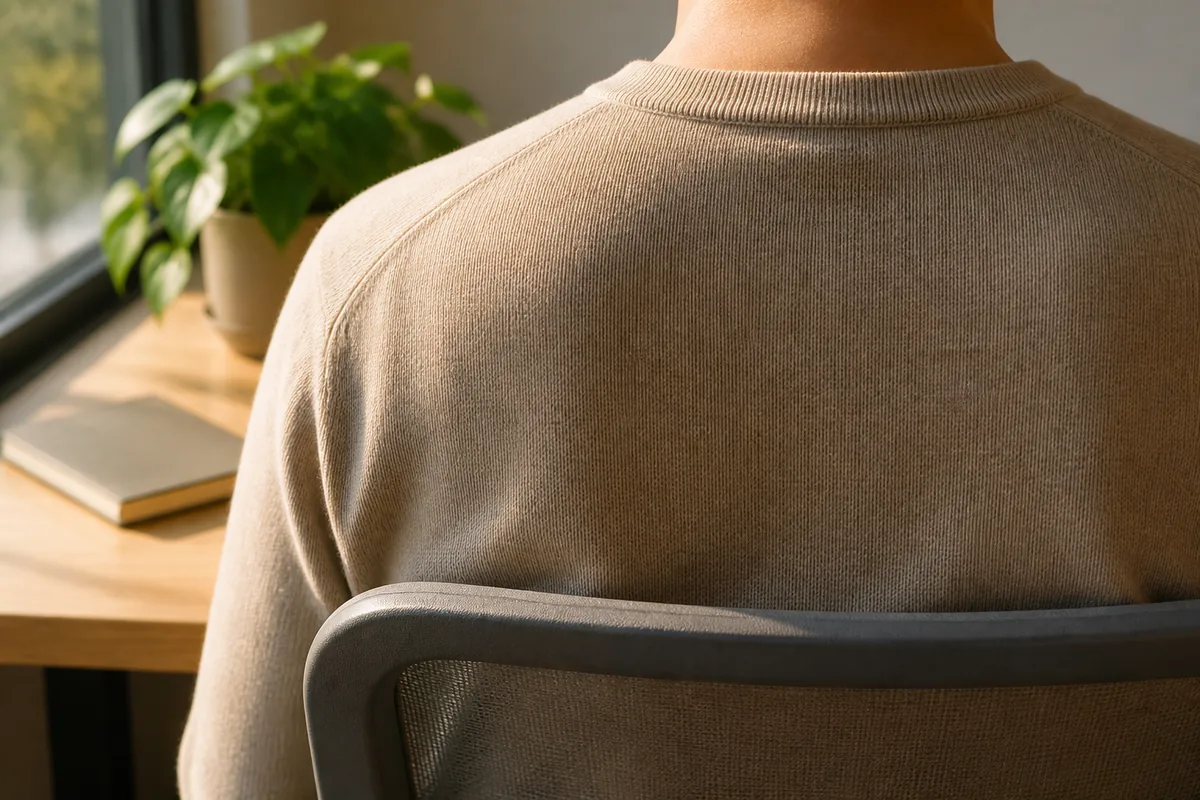 Silhouette de dos assise à un bureau clair, épaules relâchées, lumière naturelle de fin de journée
