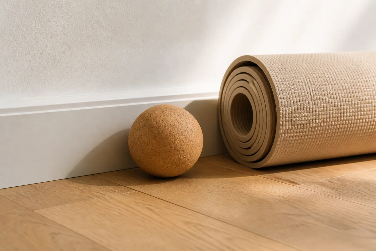Balle de massage en liège posée contre un mur blanc, parquet clair, lumière rasante du matin