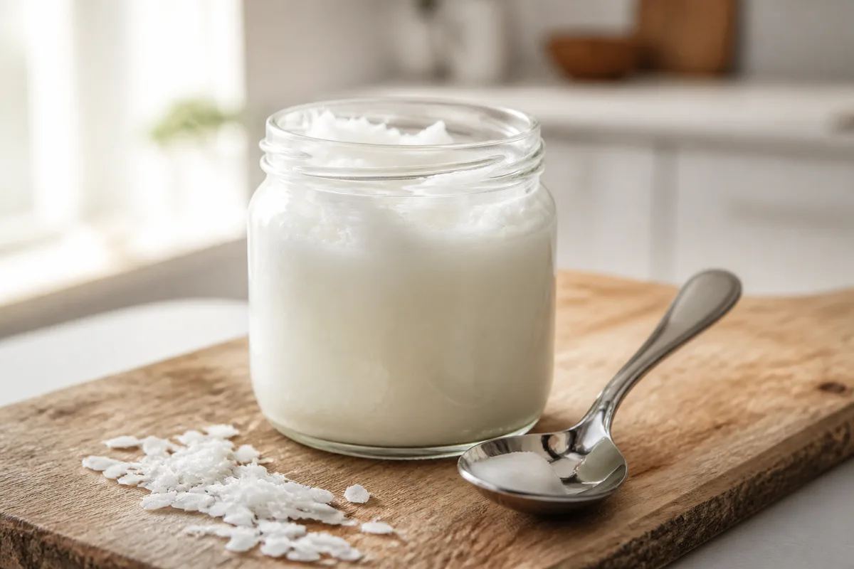 Pot en verre d&rsquo;huile de coco vierge ouvert à côté d&rsquo;une cuillère à soupe en inox