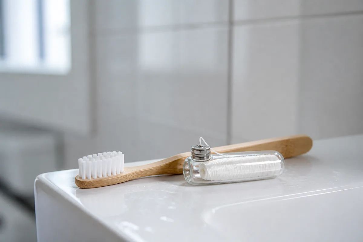 Brosse à dents en bambou et fil dentaire posés sur le rebord d&rsquo;un lavabo blanc