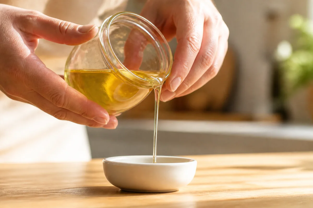 Mains versant de l&rsquo;huile de coco fondue d&rsquo;un pot en verre dans une petite coupelle