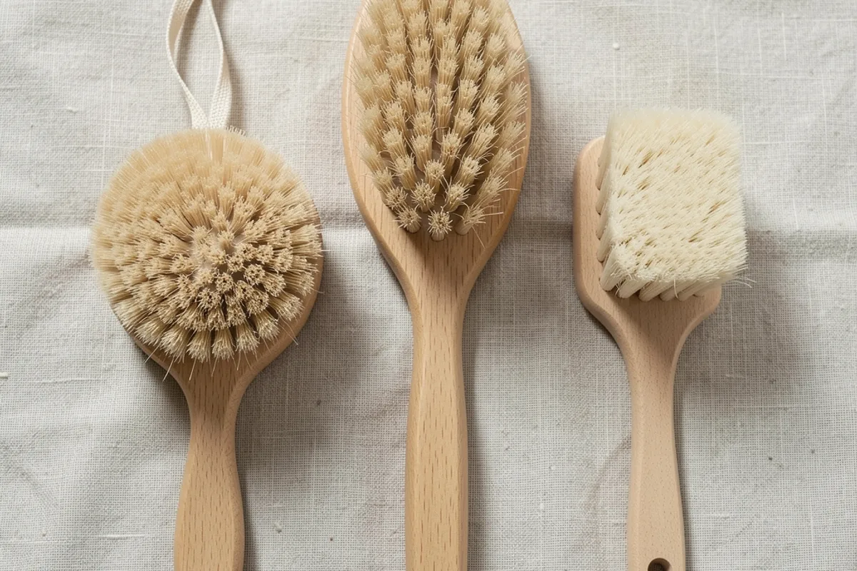 Trois brosses pour le corps posées côte à côte sur un tissu de lin, tailles et fibres différentes
