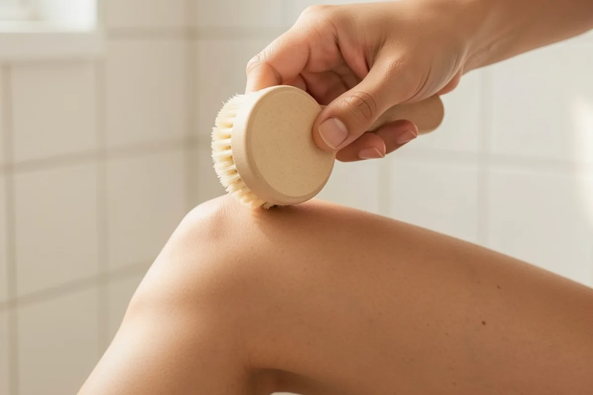 Main qui passe une brosse ronde à sangle sur un mollet, mouvement dirigé vers le haut