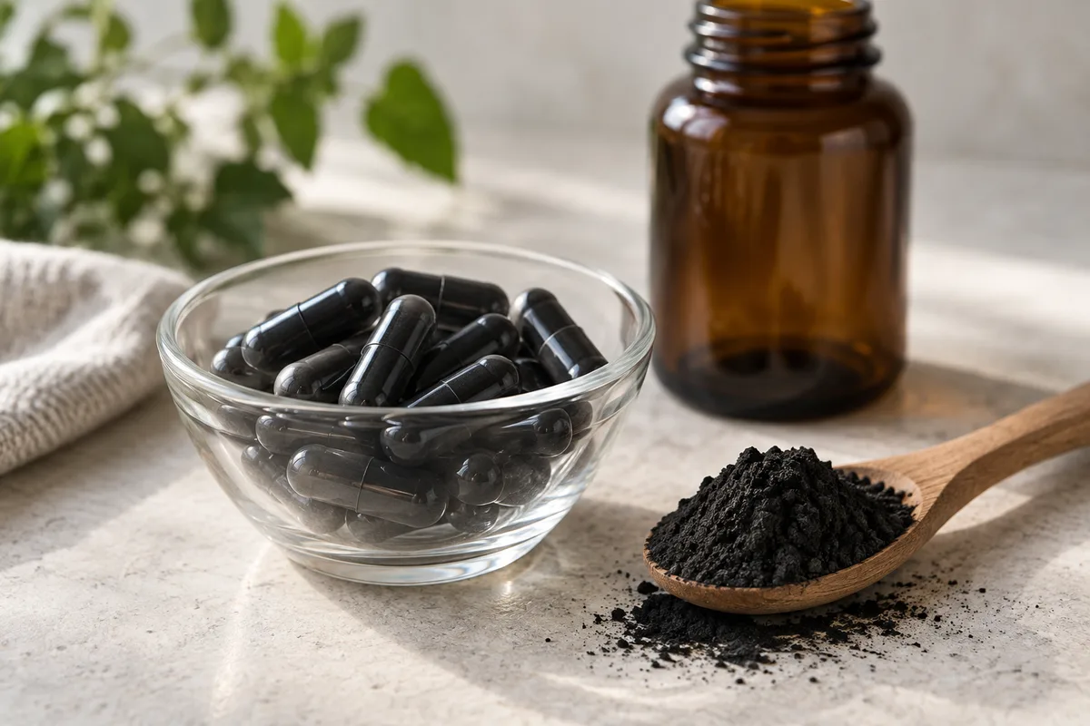 Gélules noires dans une coupelle en verre et cuillère en bois remplie de poudre de charbon noire