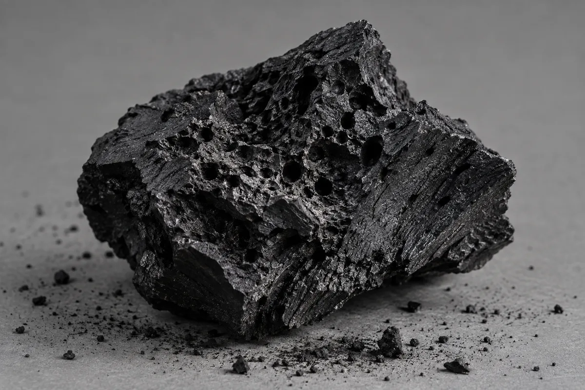 Fragment de charbon noir à la surface criblée de pores, texture mate, fond gris neutre