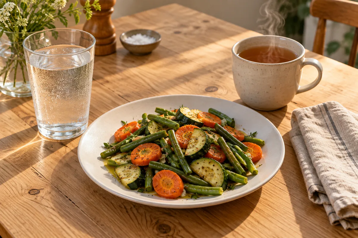 Verre d&rsquo;eau, tasse de tisane fumante et assiette de légumes cuits sur une table en bois