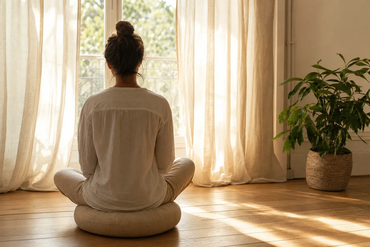 Silhouette de dos d’une personne assise sur un coussin rond près d’une grande fenêtre, lumière douce du matin