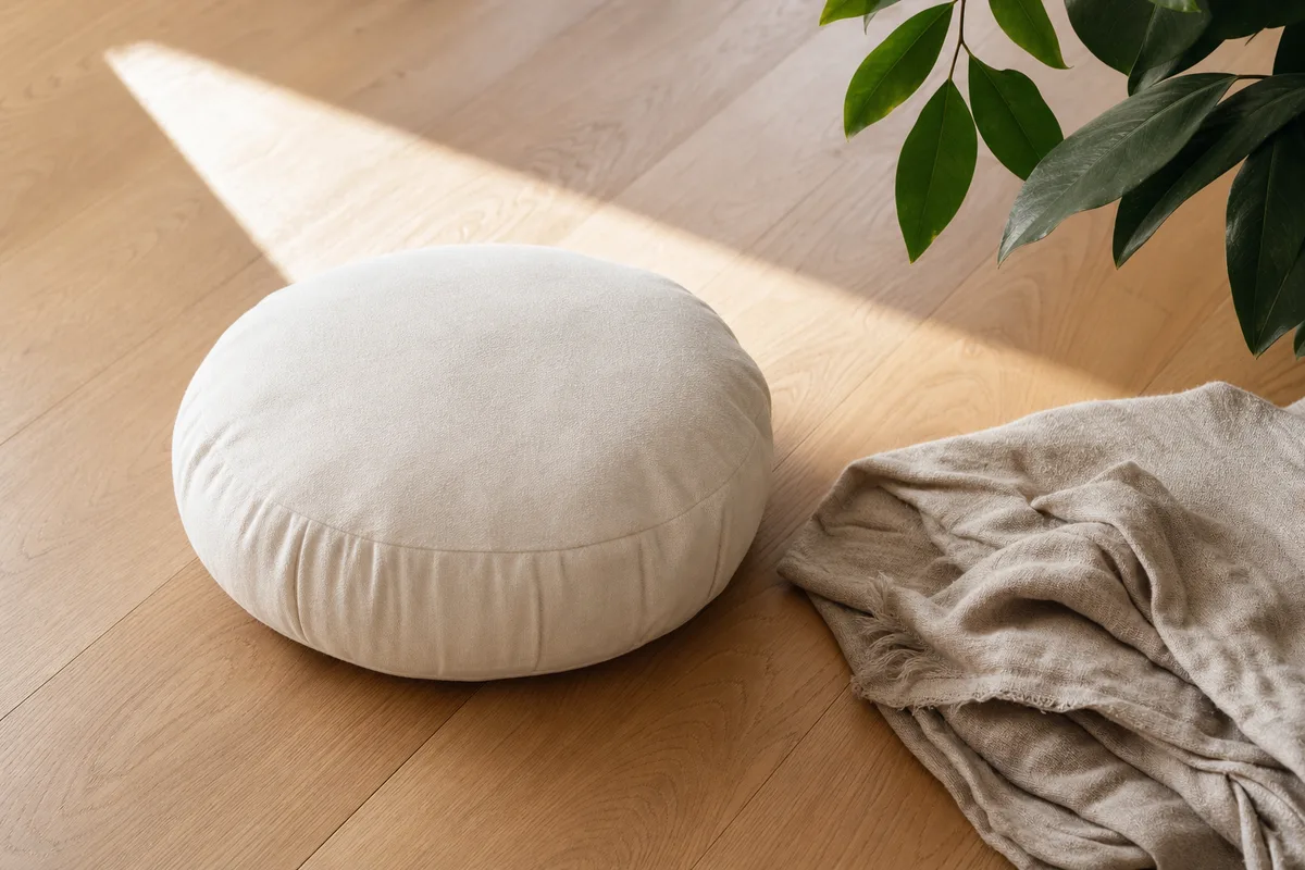 Coussin de méditation en tissu naturel posé sur un parquet clair, plaid de lin replié à côté