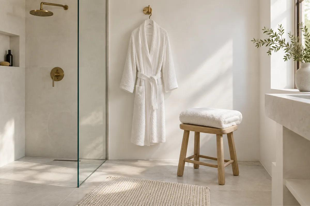 Peignoir blanc suspendu à une patère et serviette épaisse pliée sur un tabouret en bois