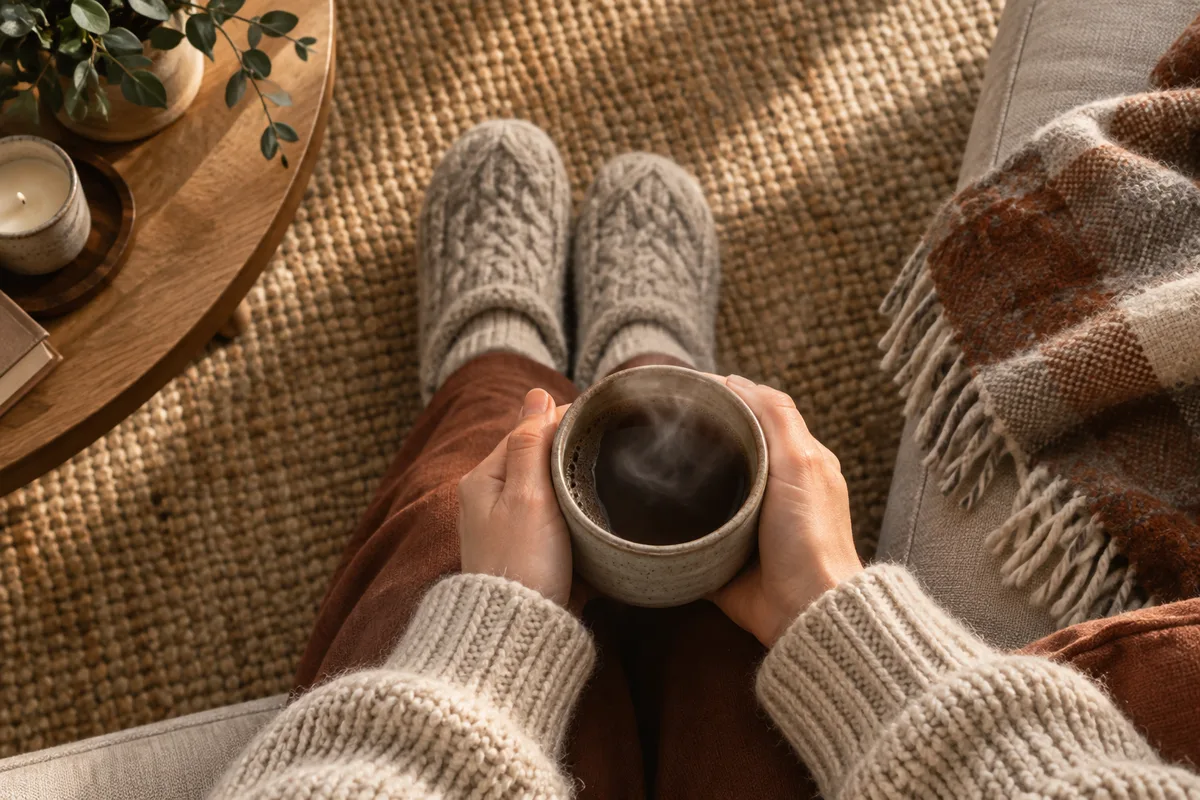 Chaussons en laine posés sur un tapis et tasse fumante tenue à deux mains dans la lumière du matin