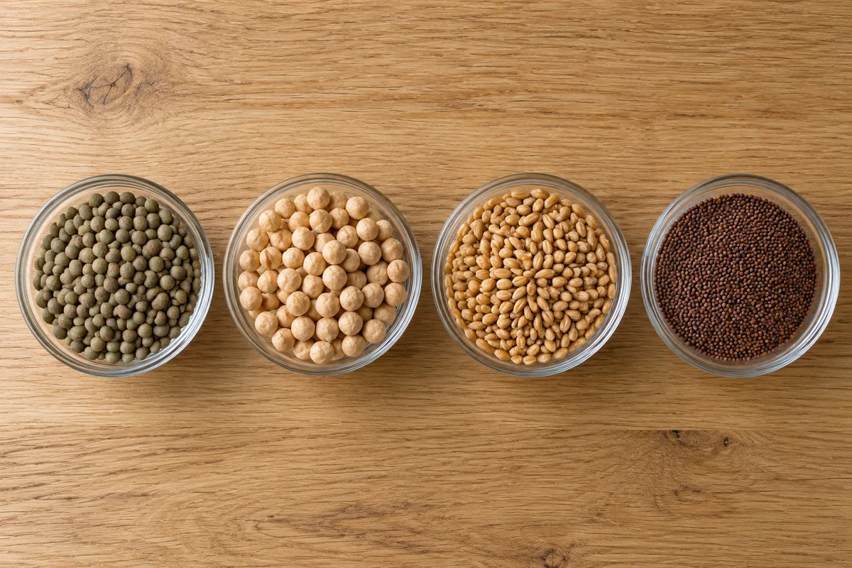 Quatre bols en verre de graines sèches à faire germer : lentilles vertes, pois chiches, blé et radis