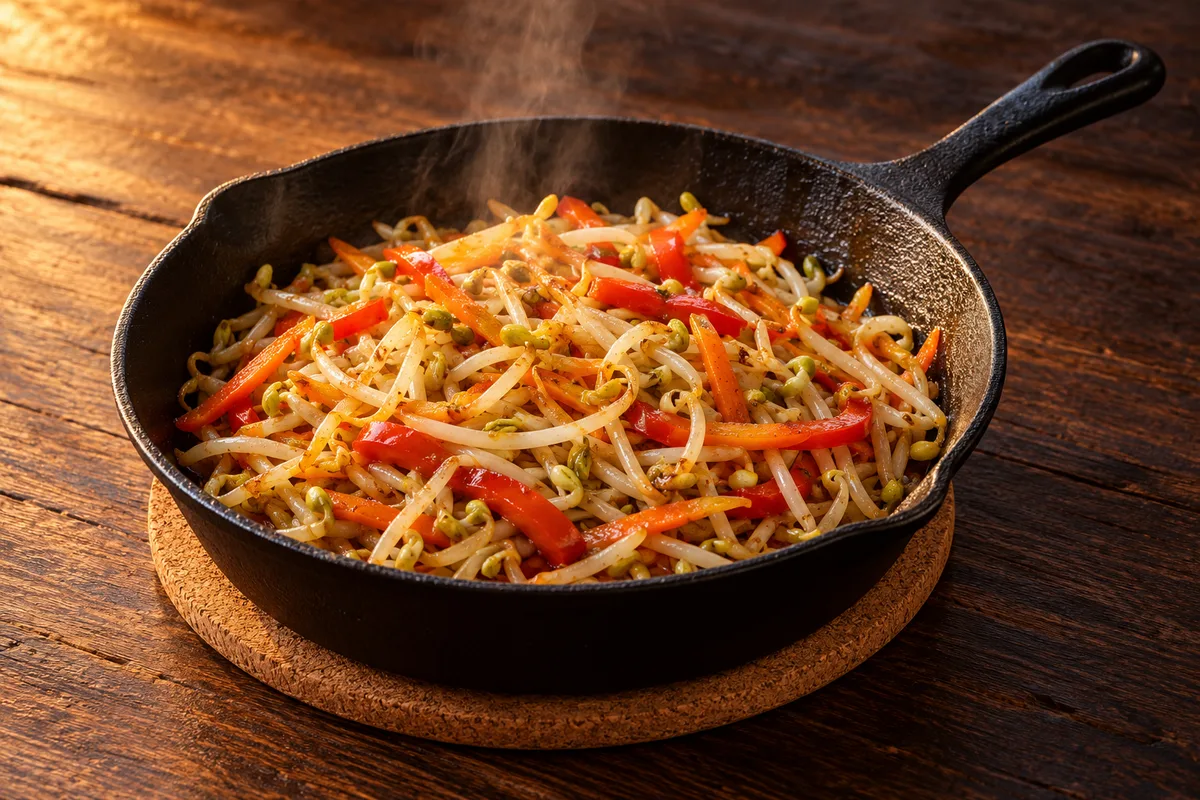 Haricots mungo germés sautés avec carotte et poivron dans une poêle en fonte