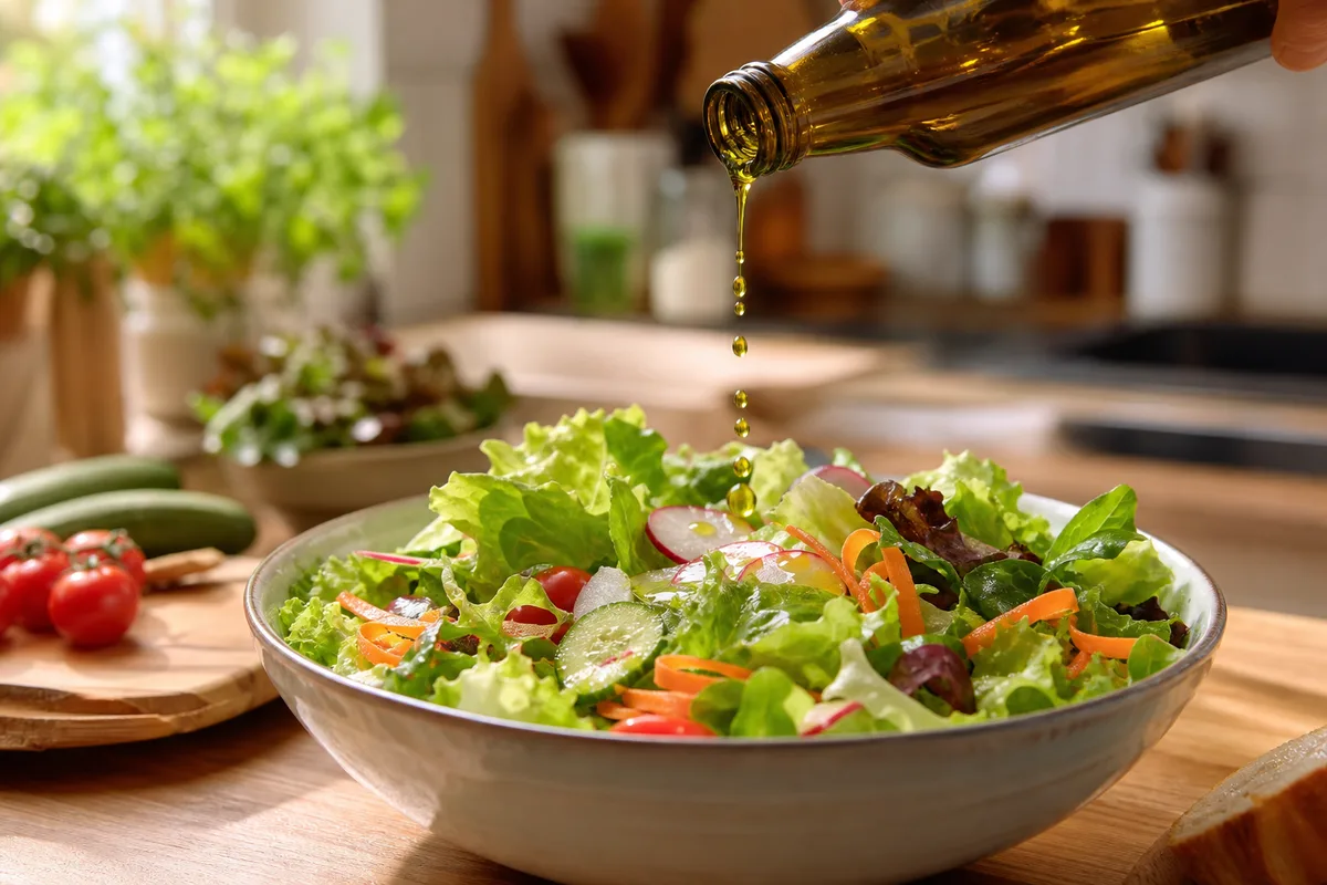 Filet d&rsquo;huile verte versé d&rsquo;un flacon en verre ambré au-dessus d&rsquo;un bol de salade fraîche