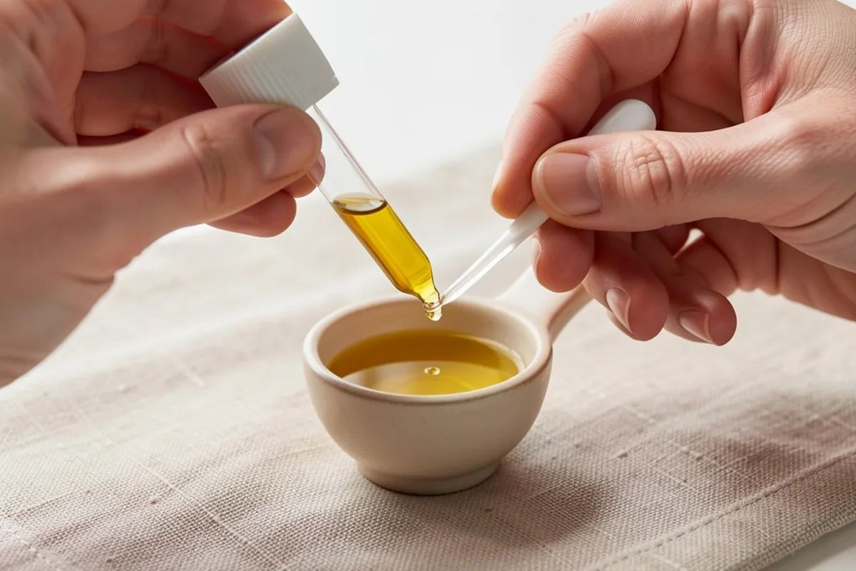 Mains versant des gouttes d&rsquo;huile essentielle dans une cuillère d&rsquo;huile végétale