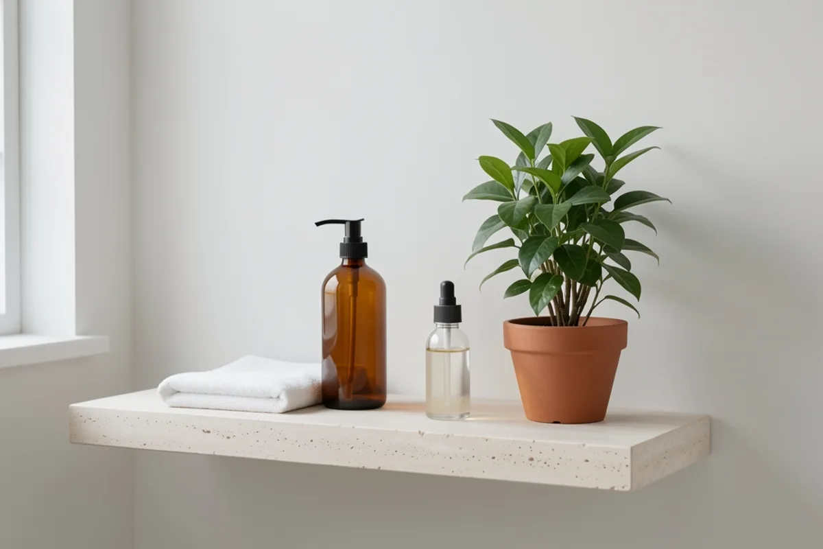 Coin de salle de bain avec flacon ambré, huile végétale et serviette pliée