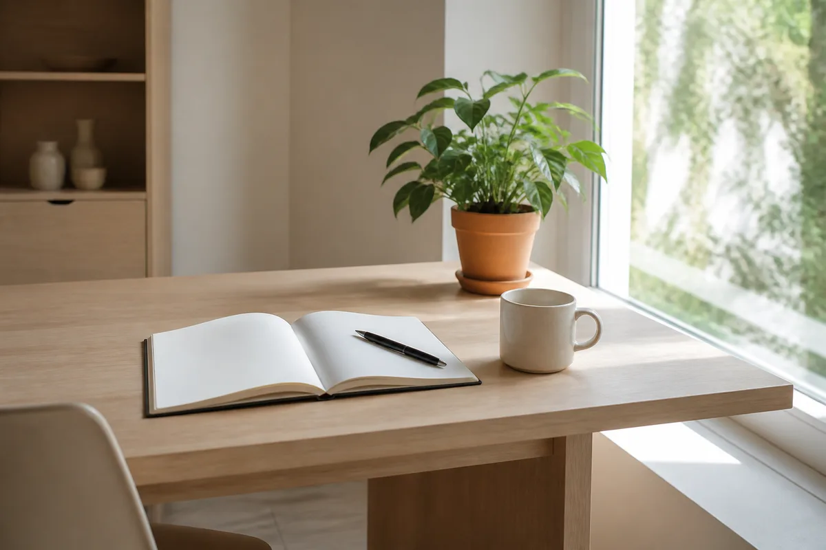Bureau installé près d&rsquo;une grande fenêtre avec une plante verte et un carnet ouvert