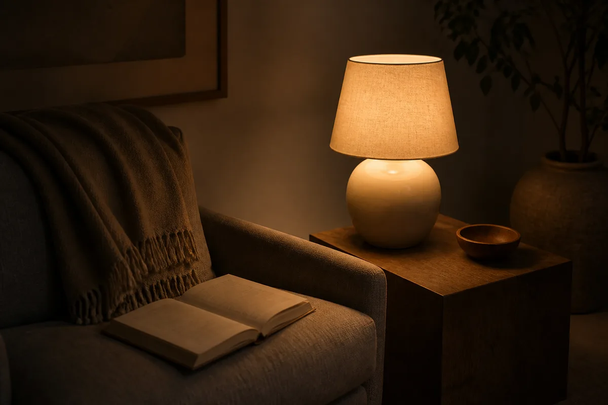 Salon en fin de journée éclairé par une lampe basse à lumière chaude et un livre papier ouvert