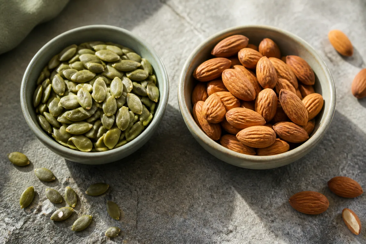 Graines de courge et amandes réparties dans deux coupelles en céramique mate