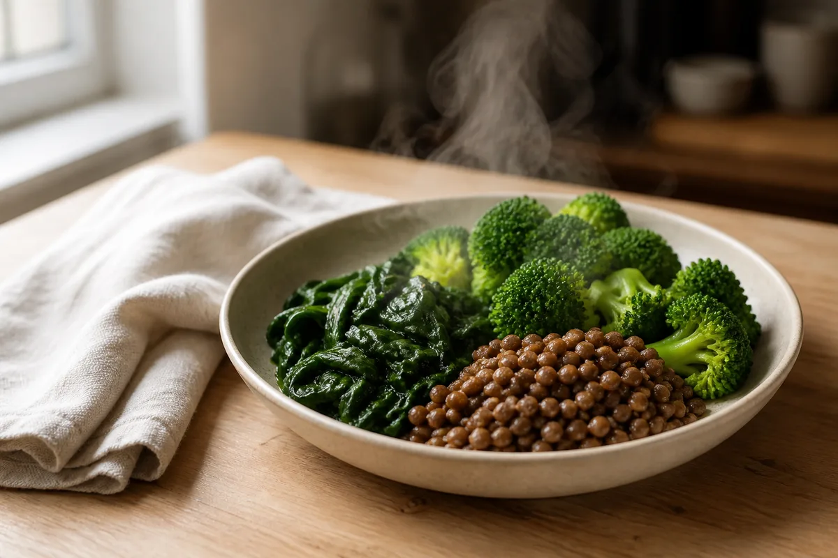 Assiette de légumes verts vapeur et de lentilles posée sur un plan de travail en bois brut