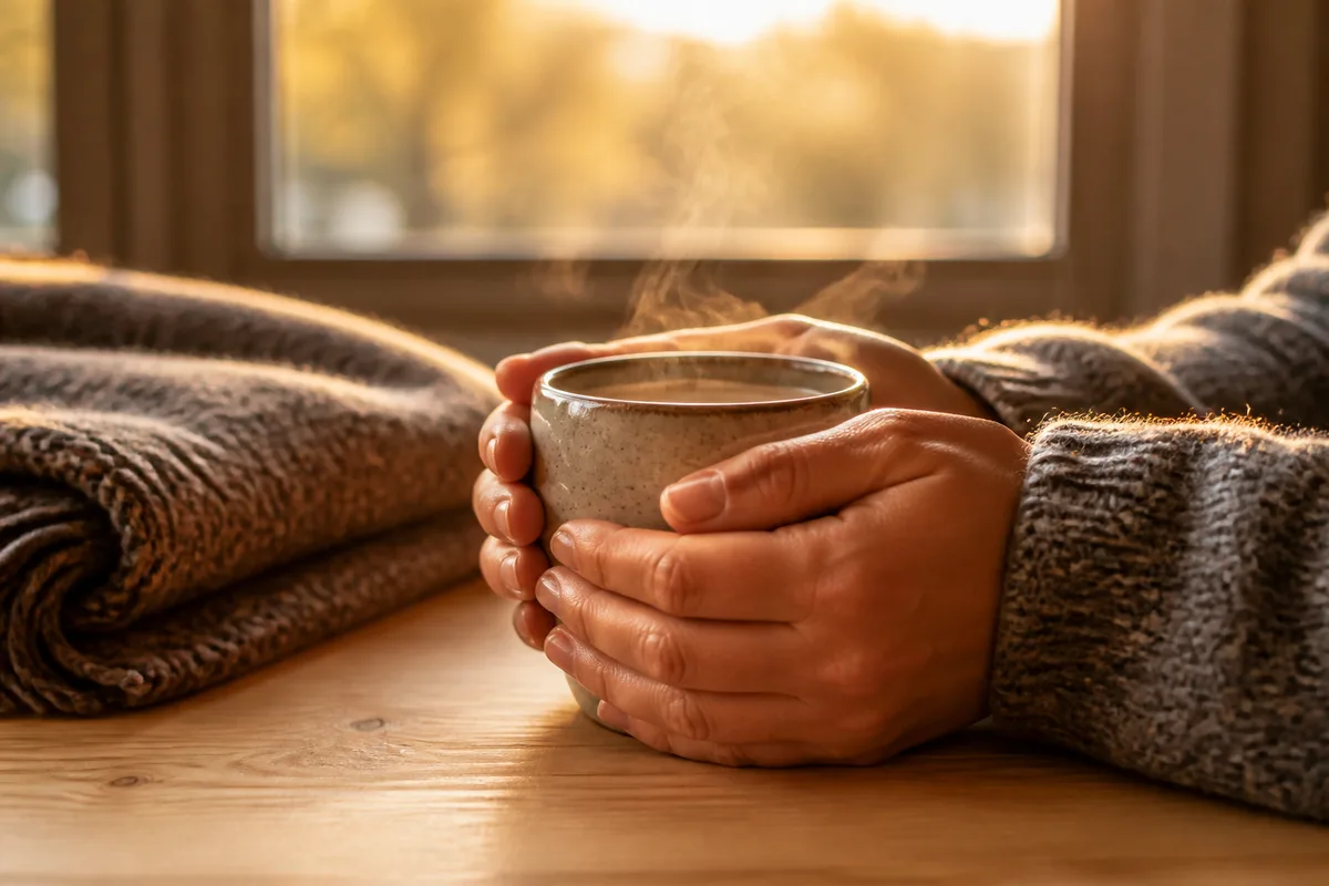 Mains adultes tenant une tasse en grès fumante au-dessus d&rsquo;une table en bois clair
