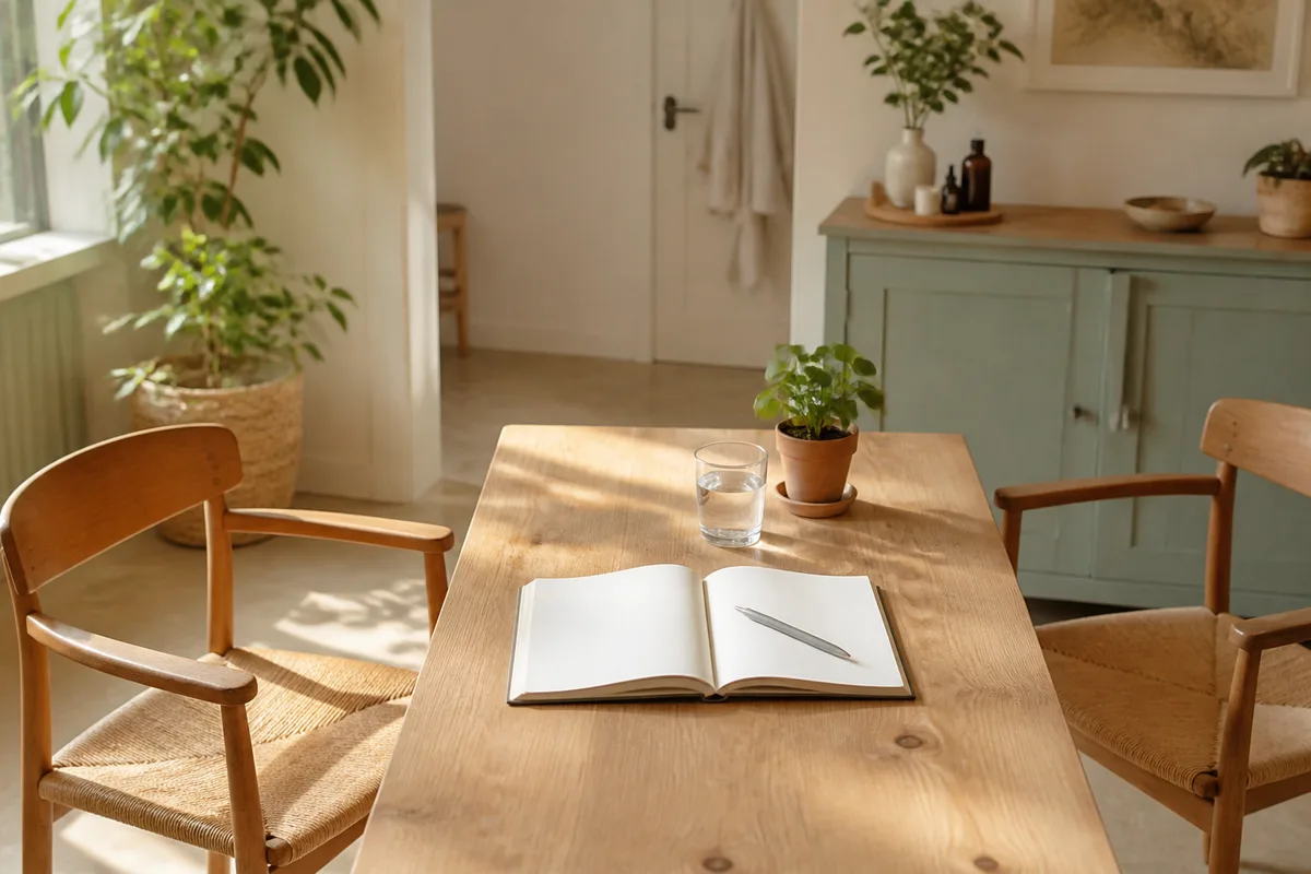 Table de consultation en bois clair avec un carnet ouvert, un verre d&rsquo;eau et une petite plante verte