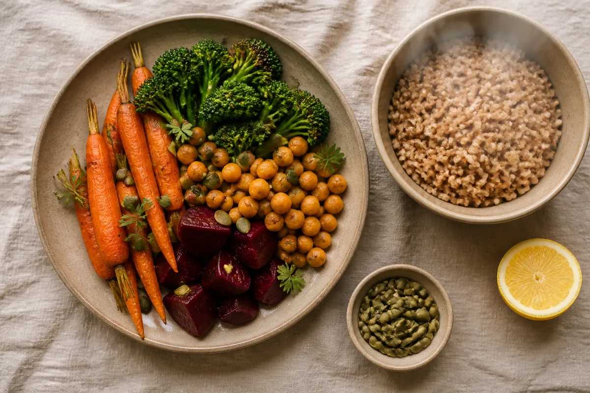 Assiette de légumes de saison colorés et bol de céréales complètes posés sur une nappe en lin beige