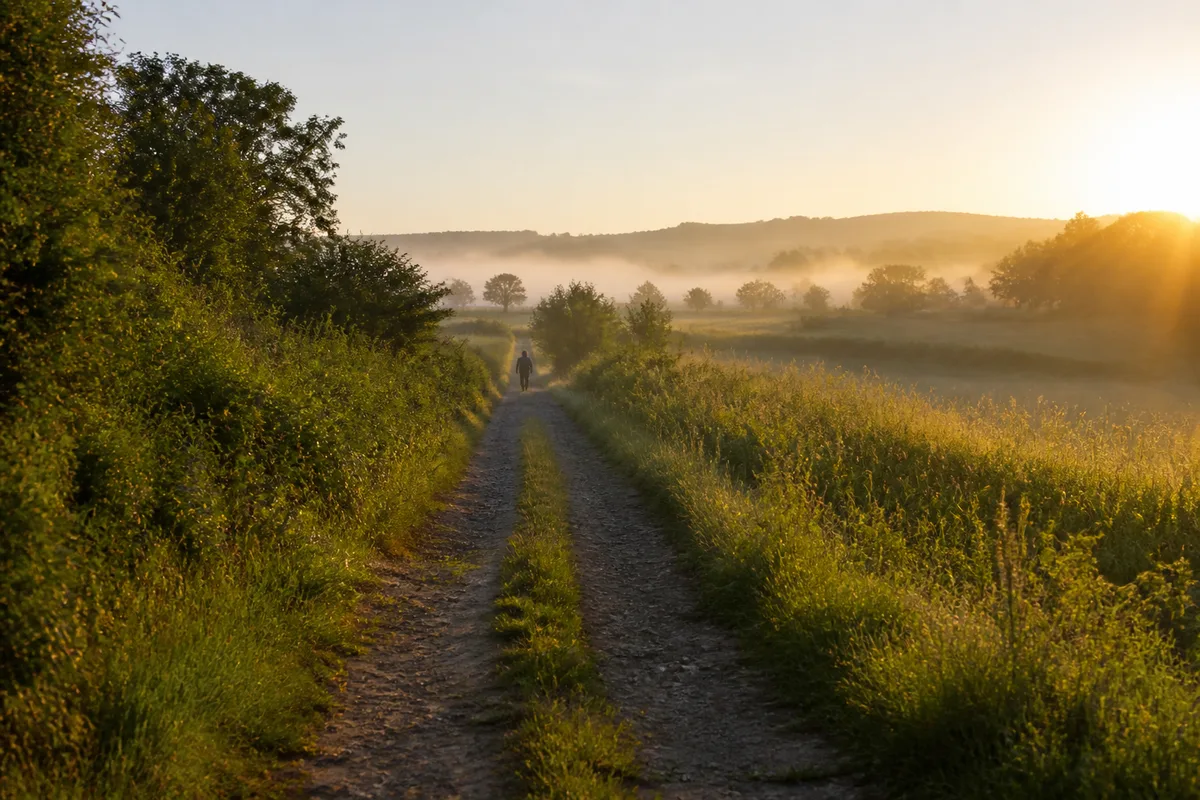 Chemin de promenade bordé d&rsquo;herbes hautes au petit matin avec une silhouette de marcheur au loin