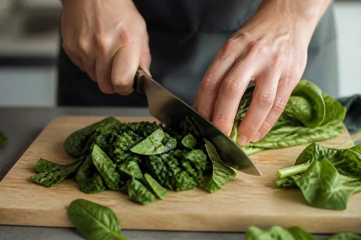 Mains adultes préparant des légumes verts sur une planche en bois clair