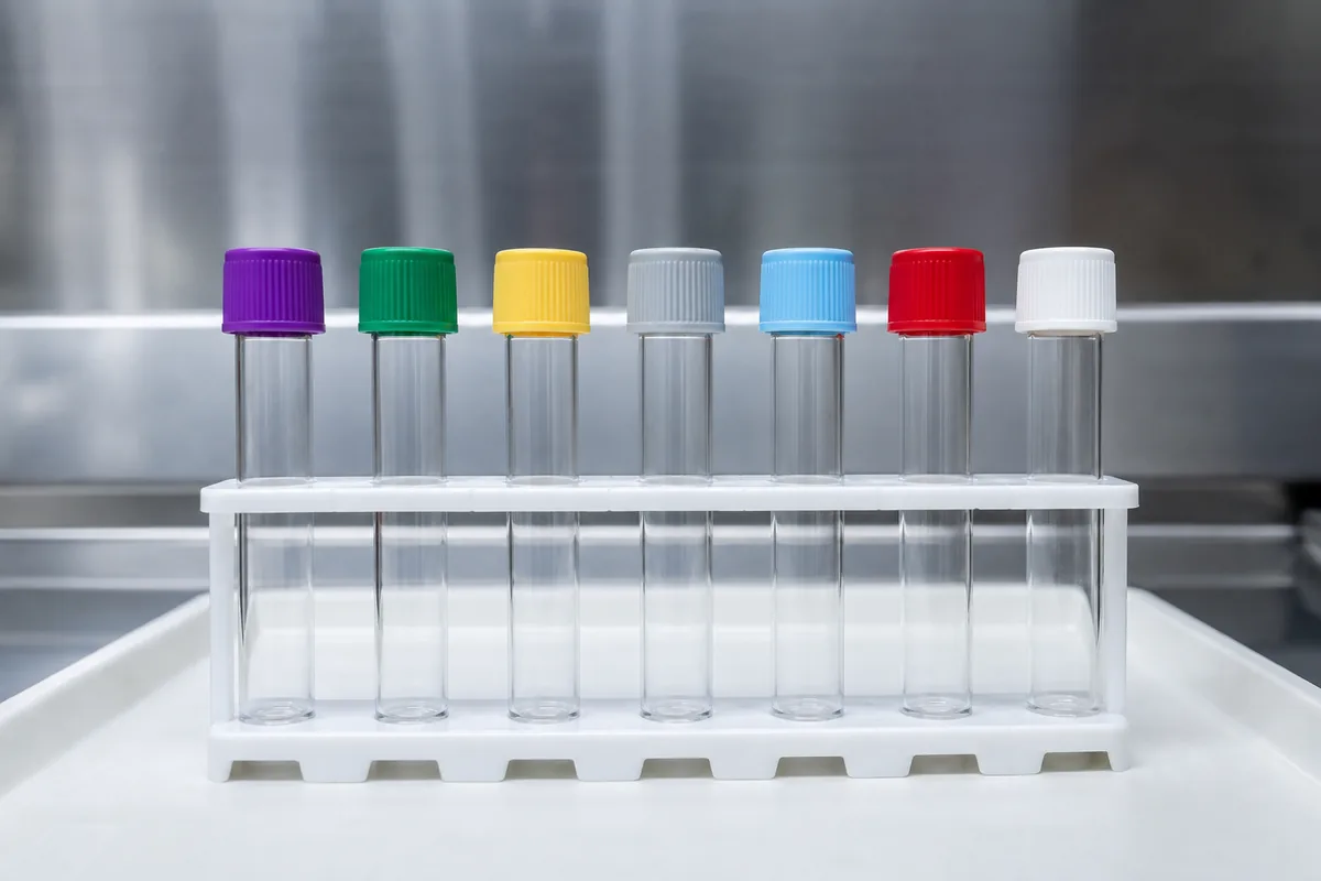 Tubes de prélèvement sanguin alignés sur un plateau clair dans un laboratoire d&rsquo;analyses