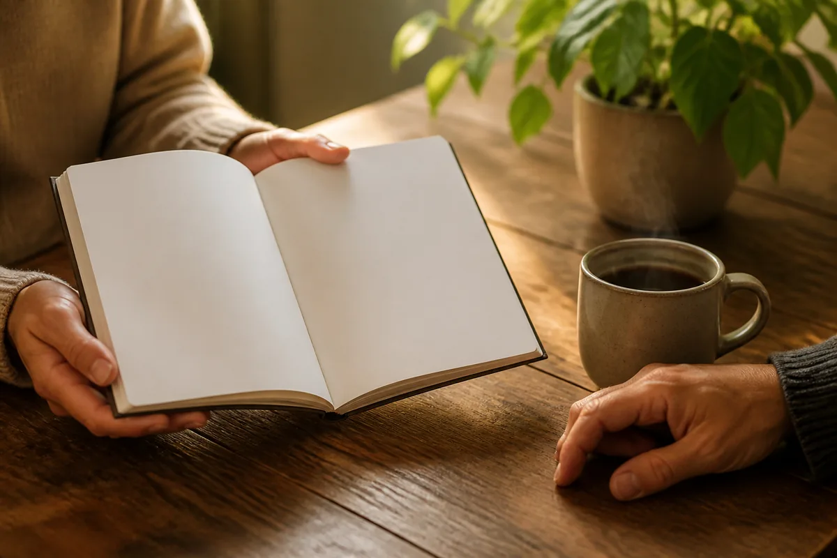 Mains adultes tenant un carnet ouvert et un mug pendant un échange en consultation