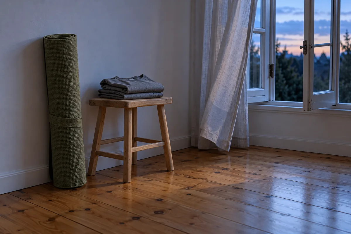 Tapis de yoga en coton vert olive roulé contre un mur blanc, tenue grise pliée sur un tabouret près d&rsquo;une fenêtre entrouverte