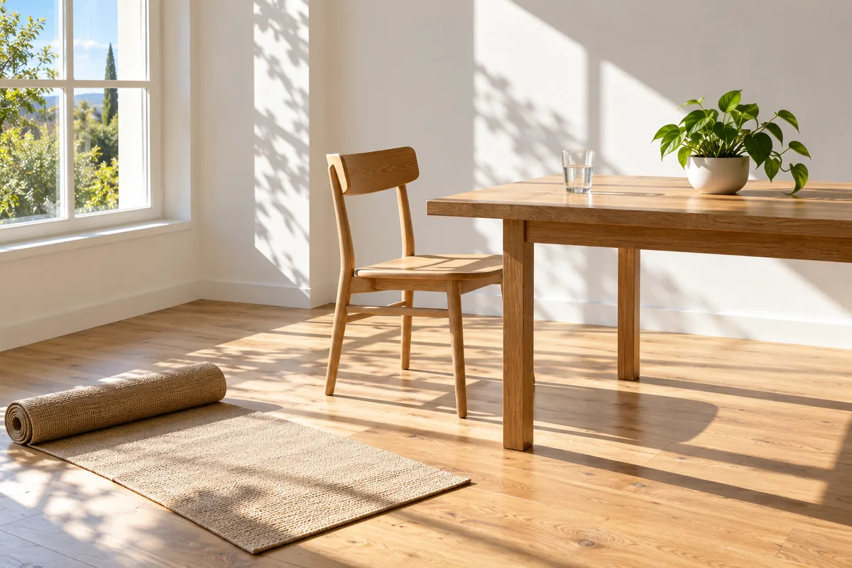 Coin de bureau baigné de lumière de midi, chaise en bois reculée et tapis de yoga couleur sable à demi déroulé sur le parquet