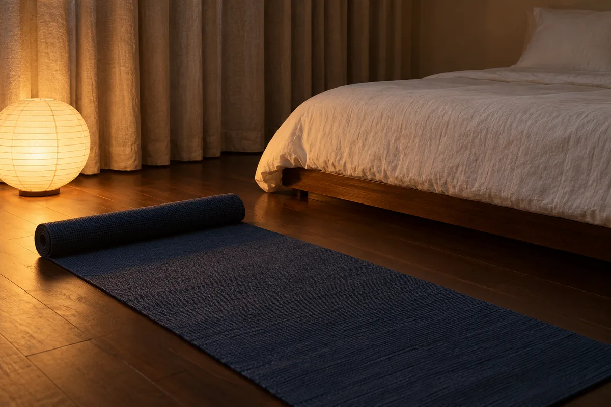 Tapis de yoga bleu nuit déroulé au pied d&rsquo;un lit bas aux draps de lin, chambre éclairée par une lampe en papier posée au sol